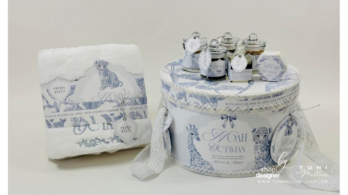 Set prima băiță Safari Blue personalizat băiat ritual după botez cu nașii 19